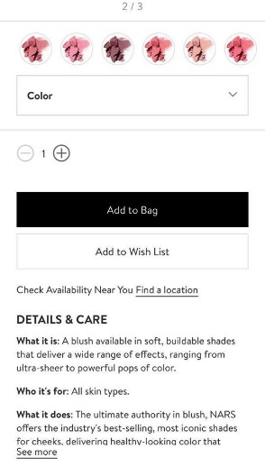 Nordstrom.com 웹사이트의 적절한 크기 버튼. 그러나 대비되는 색상이면 더 좋을 것입니다.