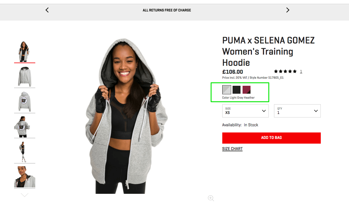 Color selection on ecommerce product page