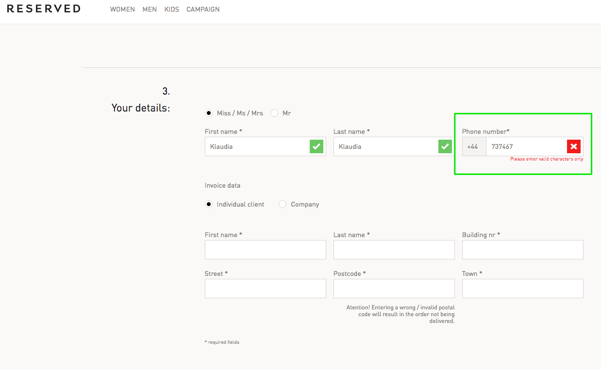  Include advice in the checkout form about how to correct mistakes beneath fields when inputs are incorrect