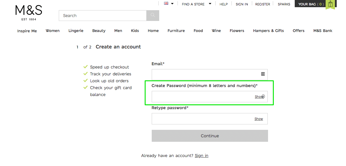 Registration to M&S online store with overcomplicated password
