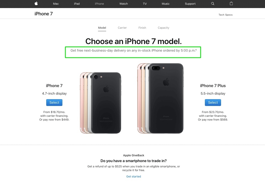 Apple's online store offering same-say delivery for orders made before a certain time