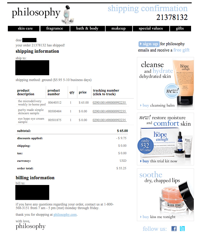 Philosophy?s order confirmation email is full of cross-sells