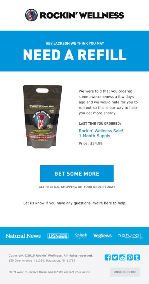 Email reminder to replenish customers stock