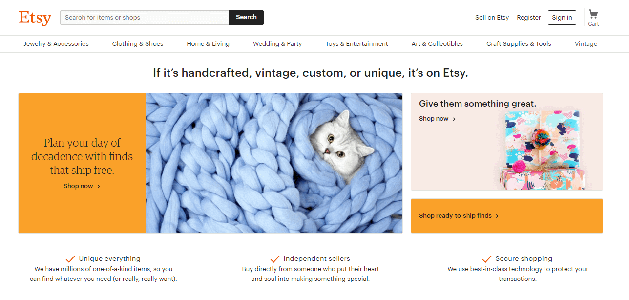 Value proposition slogan on Etsy website