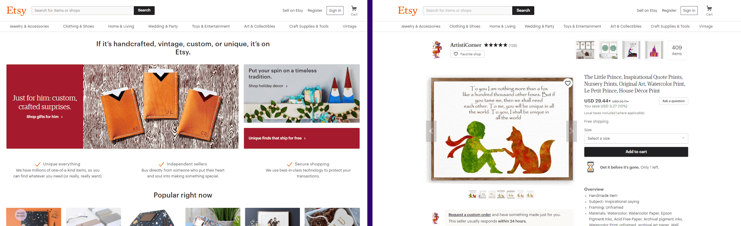 Etsy's value proposition throughout customers journey 