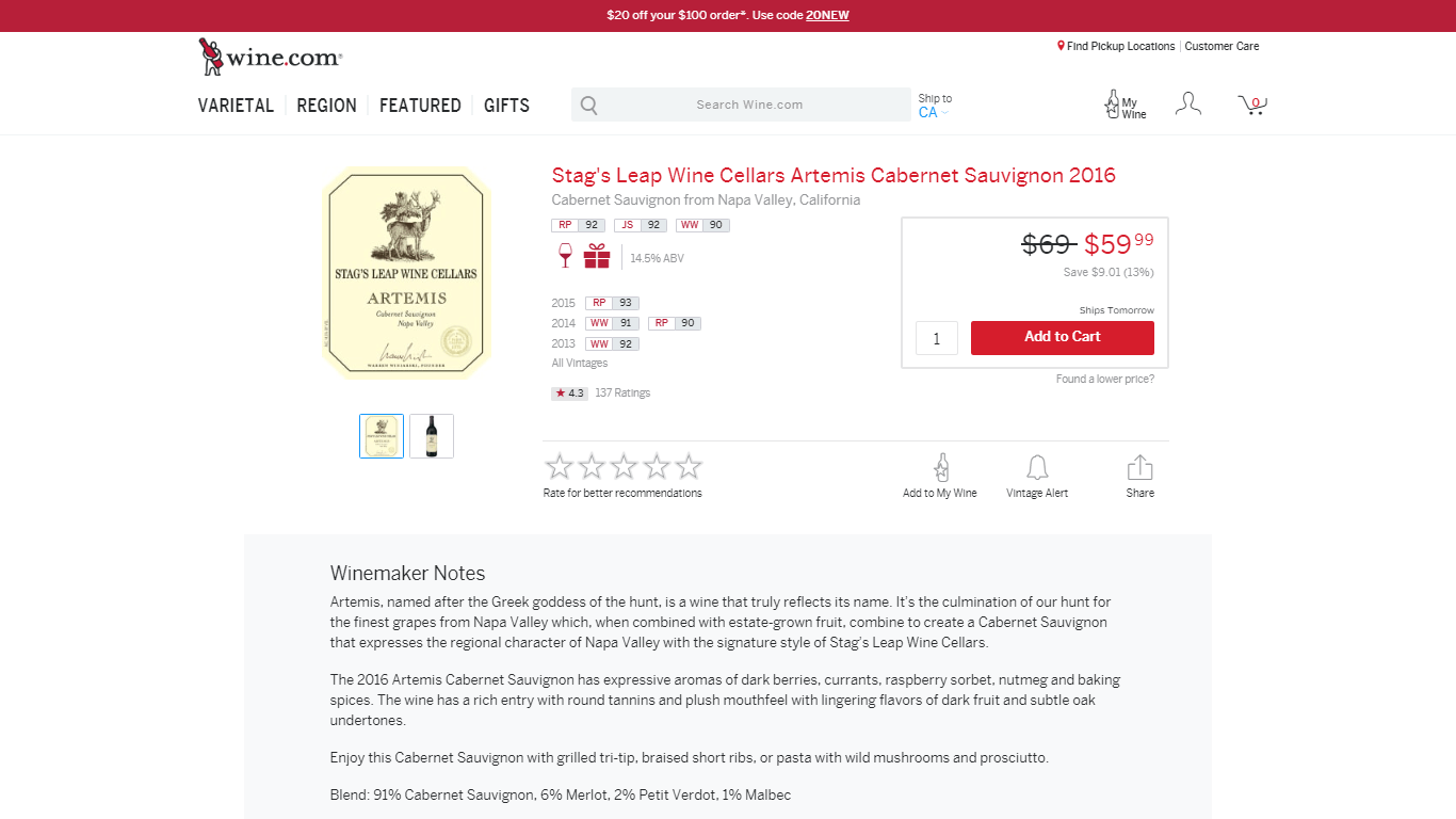 Wine com afirma que este cabernet sauvignon tiene aromas expresivos de bayas oscuras, grosellas, sorbete de frambuesa, nuez moscada y especias para hornear con sabores persistentes de frutas oscuras y sutiles matices de roble.
