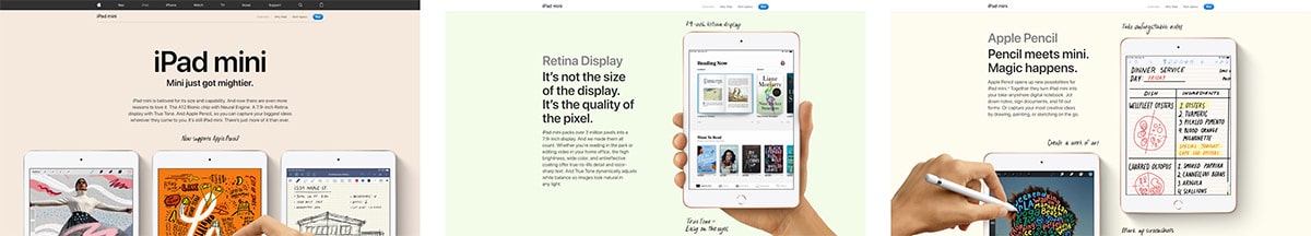 A página principal do produto para o Ipad Mini é elegante e simples