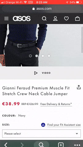 ASOS usa um layout simplificado para suas páginas de produtos móveis com elementos que são fáceis de visualizar e tocar