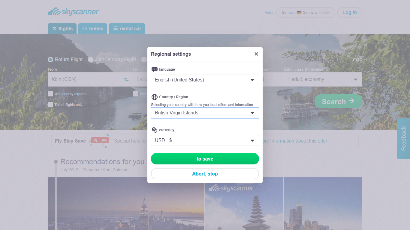 スカイスキャナーにより、サイト全体のパーソナライズオプションに簡単にアクセスできます