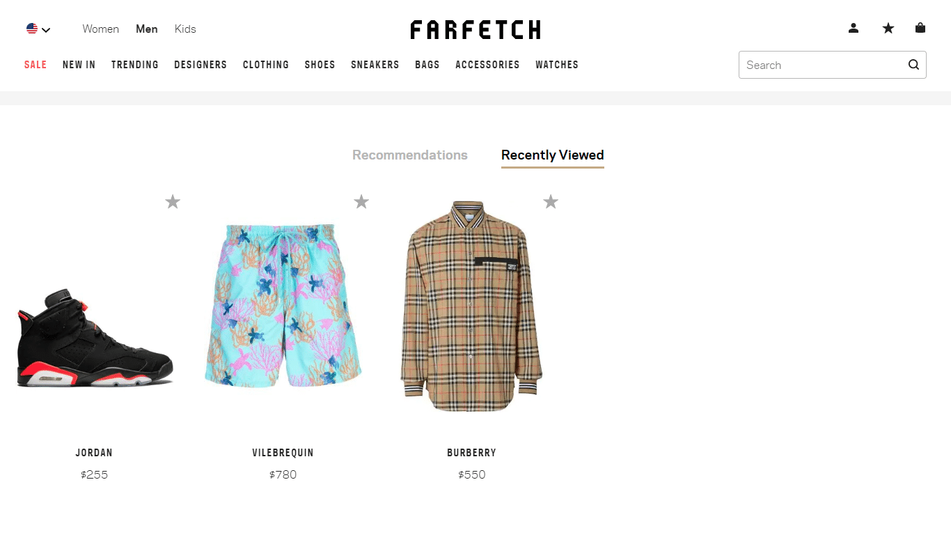 Farfetchは最近閲覧した製品を表示します