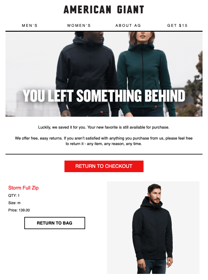 American Giant con la loro email "Hai lasciato qualcosa alle spalle"