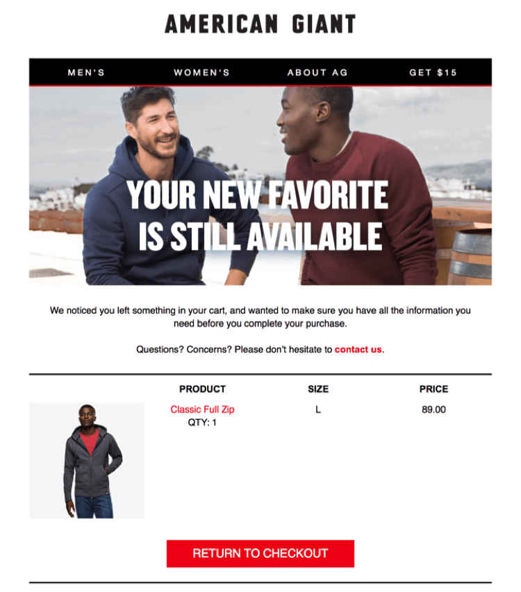 American Giant con la loro email "Il tuo nuovo preferito è ancora disponibile"