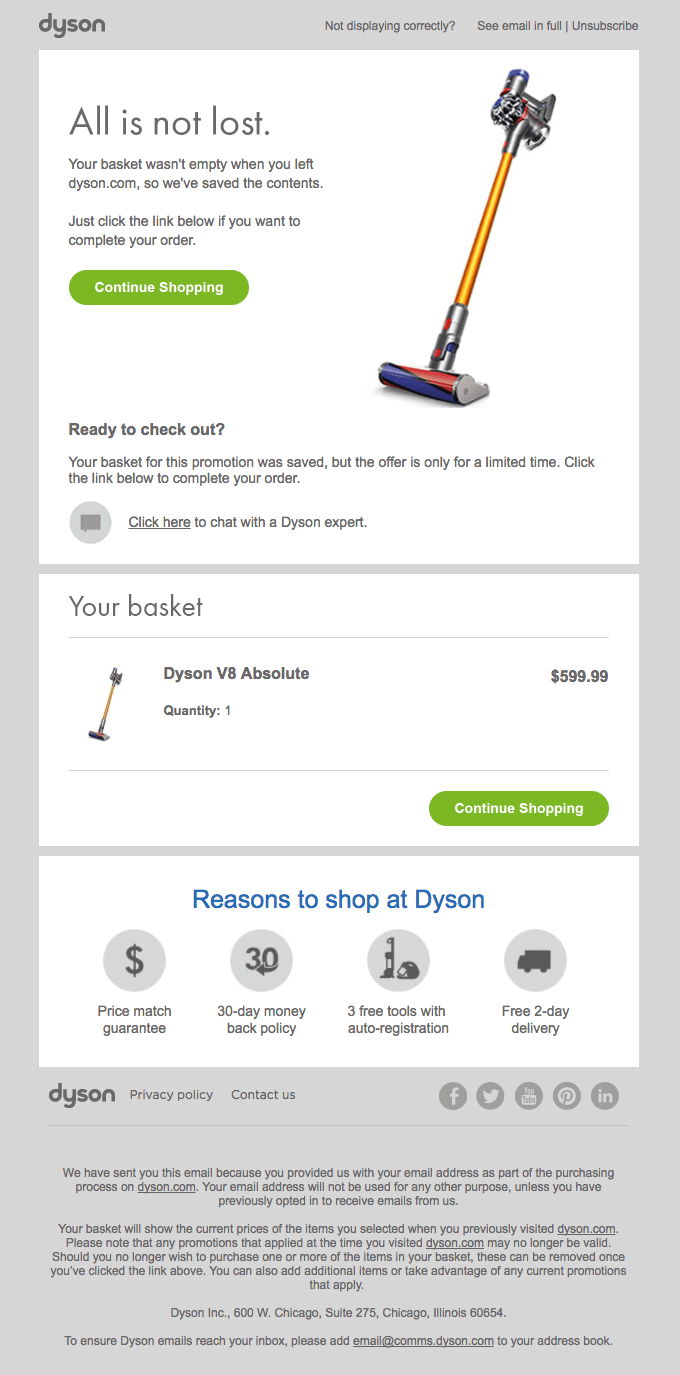 Dyson e la loro email di abbandono del carrello