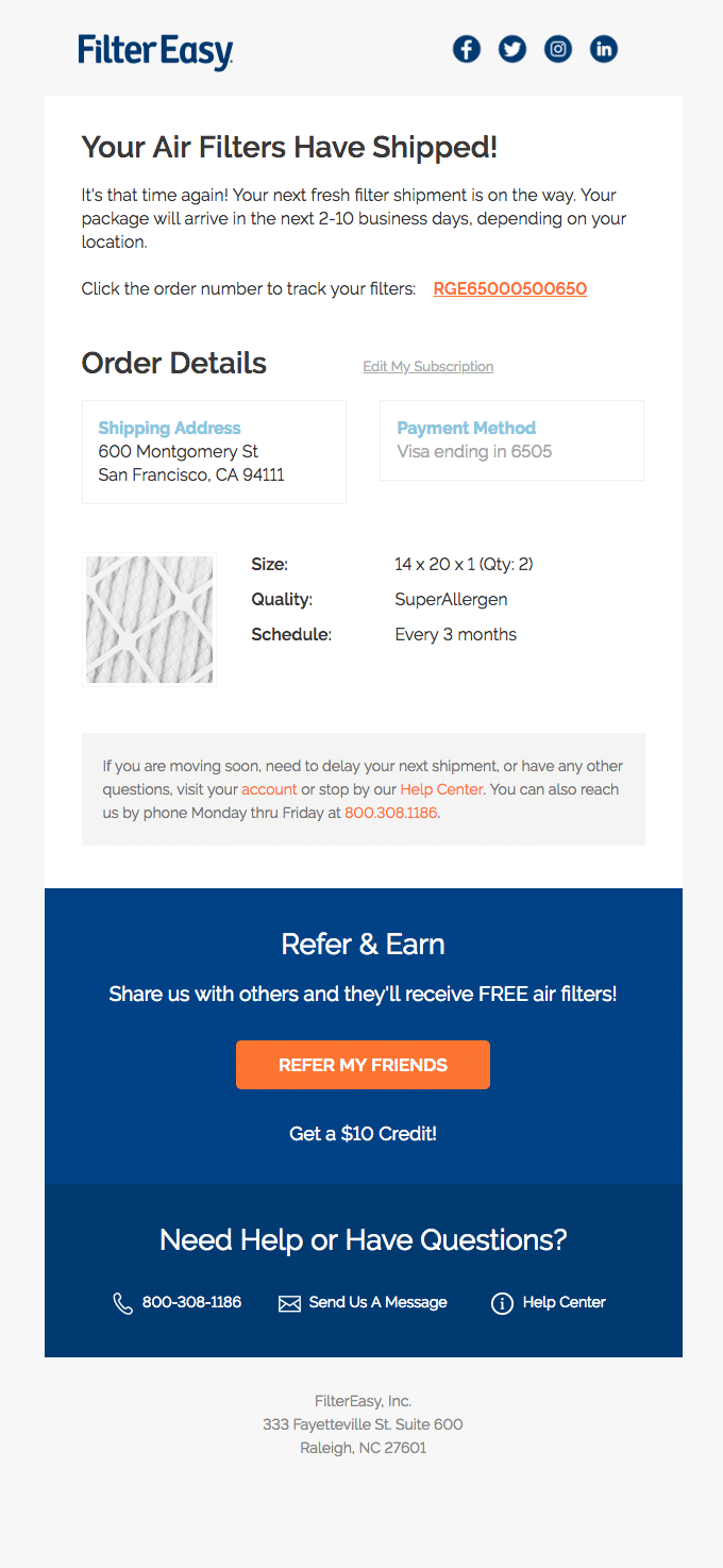 Filter Easy e la loro email di aggiornamento sulla spedizione