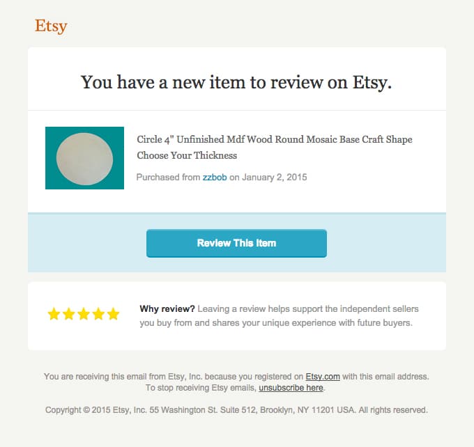 Etsy e la loro email "Lascia una recensione"