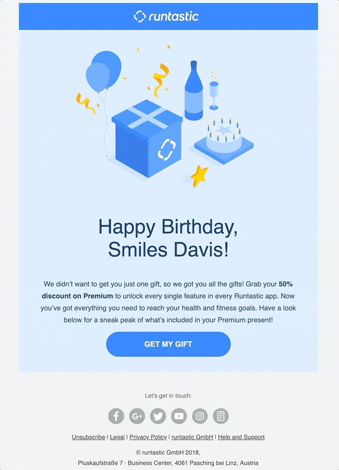 Runtastic ve doğum günün kutlu olsun e-postaları
