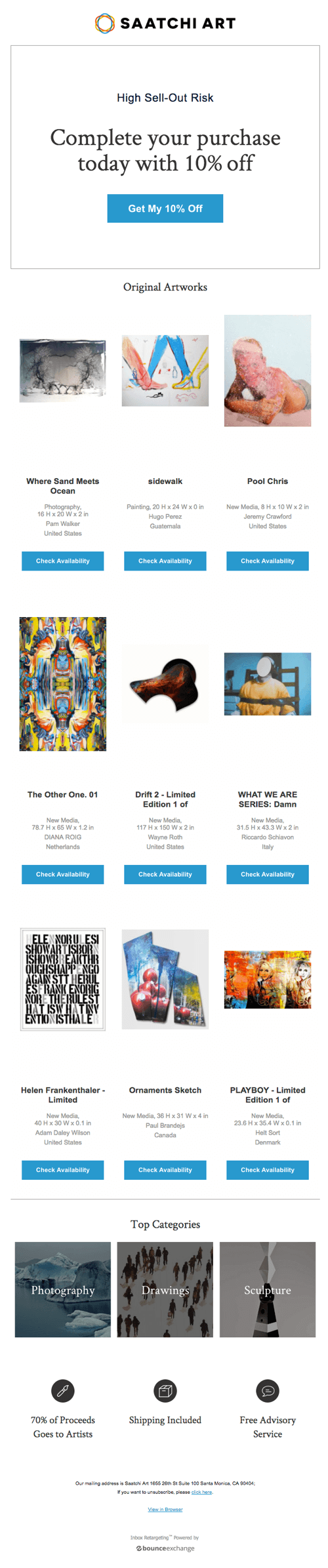 Saatchi Art oferuje 10% zniżki dla klientów, którzy porzucili koszyk.