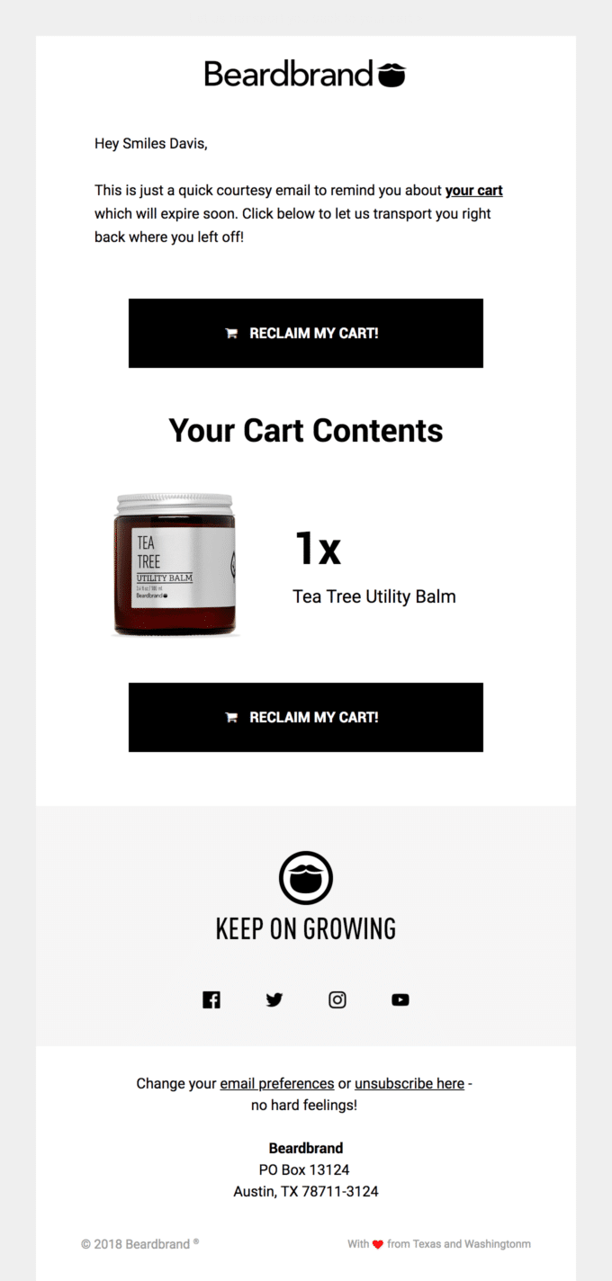 Beardbrand tworzy pilną potrzebę, informując klientów, że ich koszyk wkrótce wygaśnie.