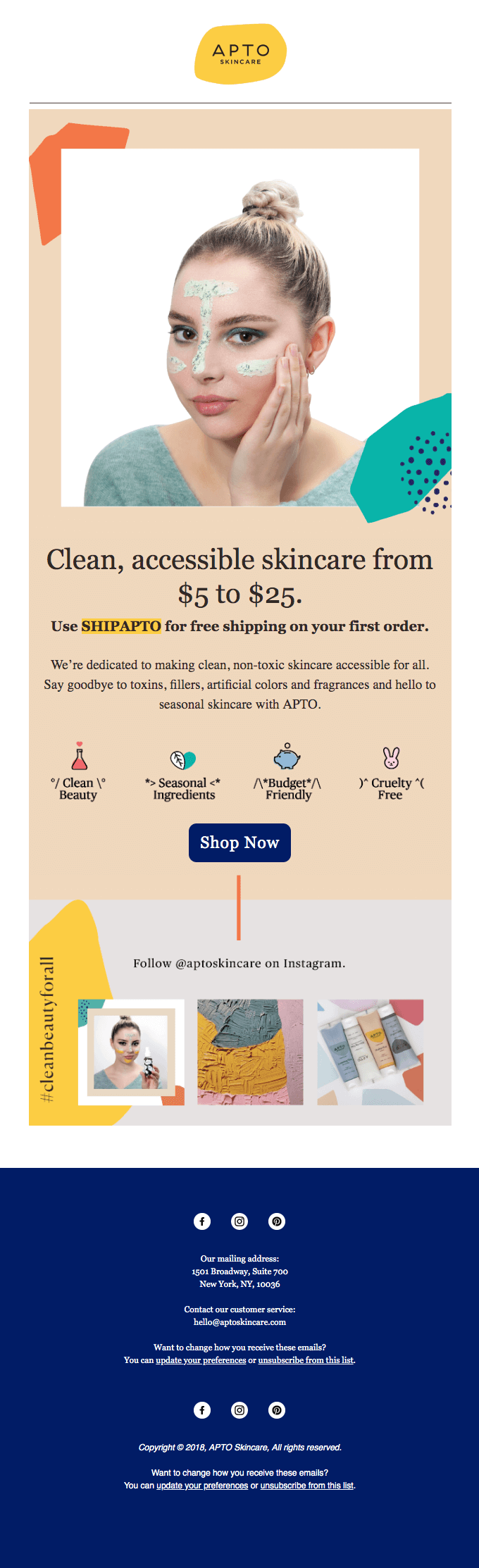 Apto Skincare przedstawia swoją propozycję wartości - czystą, przyjazną dla budżetu i wolną od okrucieństwa - w swoich powitalnych wiadomościach e-mail.