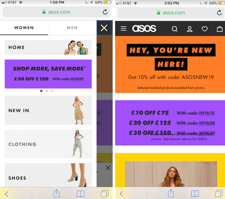 Pagina mobile ad alta conversione di asos.com