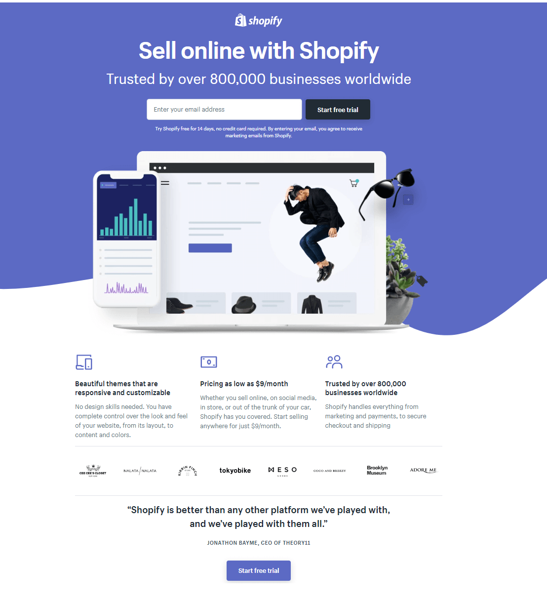 Shopify menyertakan bukti sosial di halaman arahan mereka