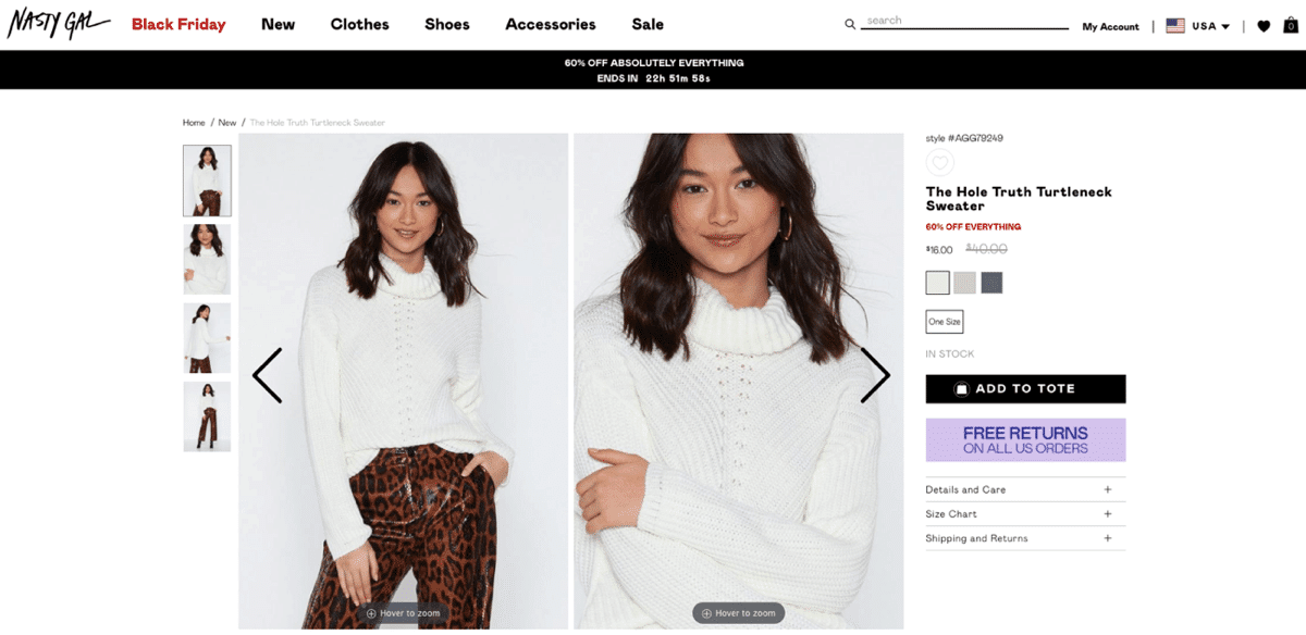 Nasty Gal 包括產品頁面上的折扣