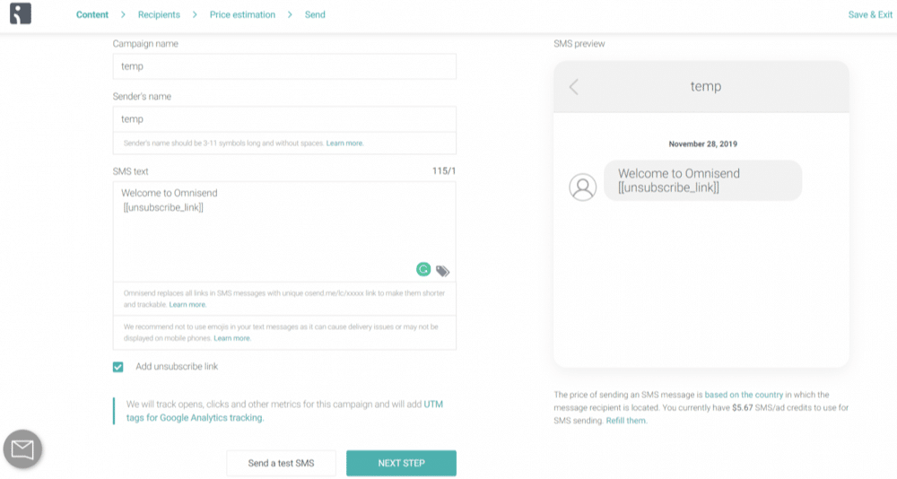 Ejemplo de edición de campañas de SMS usando la plataforma Omnisend