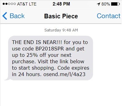 El gráfico muestra un ejemplo de promoción urgente enviada por SMS