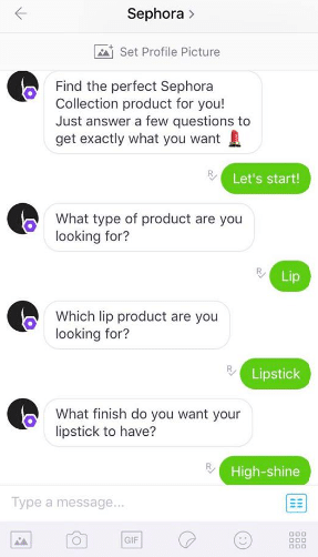 電子商務聊天機器人對話：KIK - Sephora.com 購物助手。 Sephora.com 購物助手。