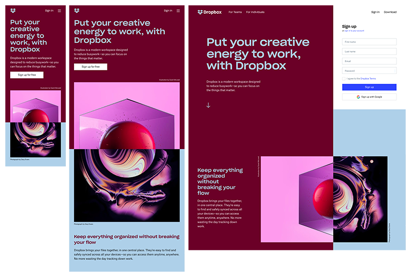 Exemplos de design responsivo vs. adaptativo Dropbox