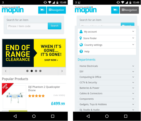 Exemplos de design responsivo vs. adaptativo Maplin