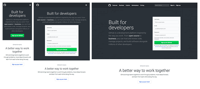 Exemplos de design responsivo vs. adaptativo GitHub