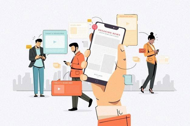 E-Commerce-PWA - Pessoas que usam seus telefones celulares para as notícias