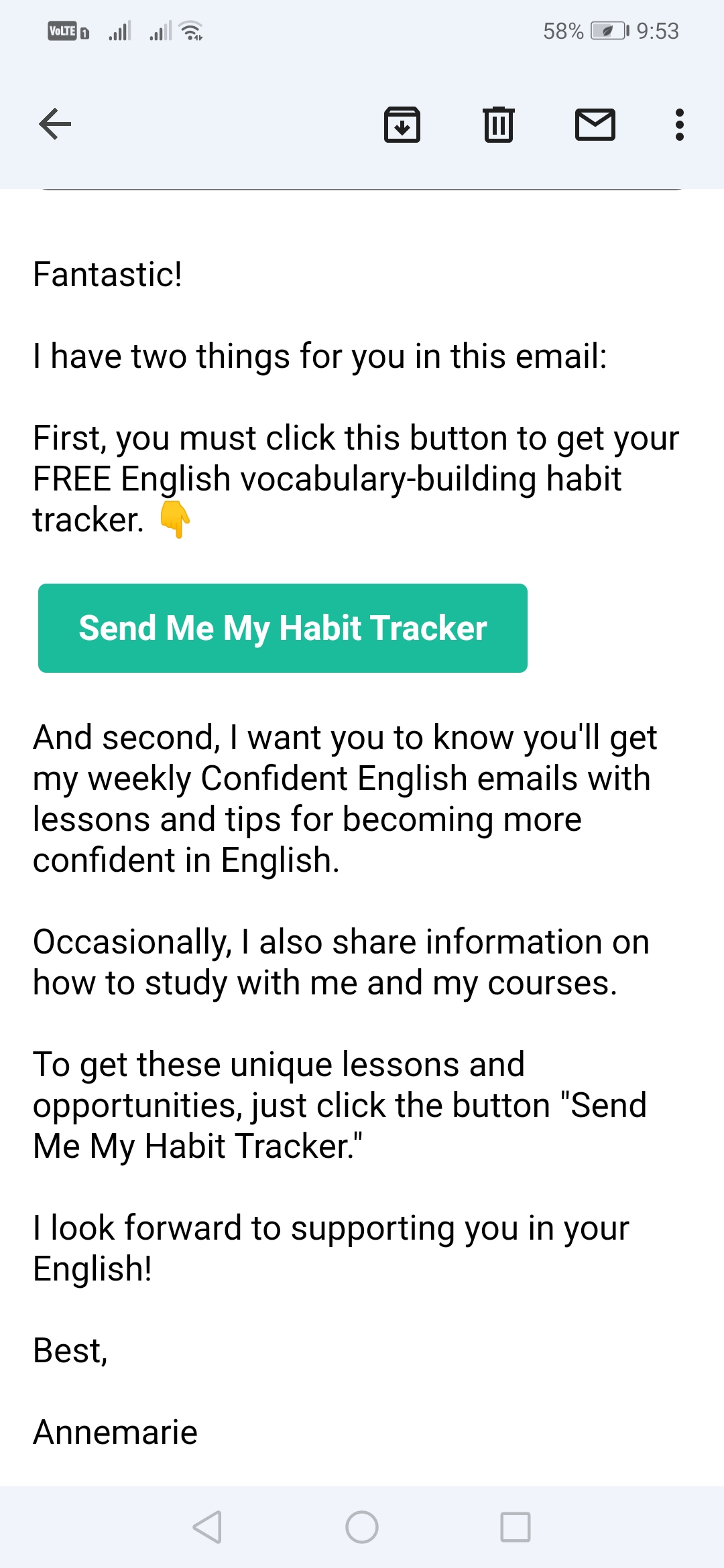サインアップ後、自信を持って英語を話すからの電子メールの例