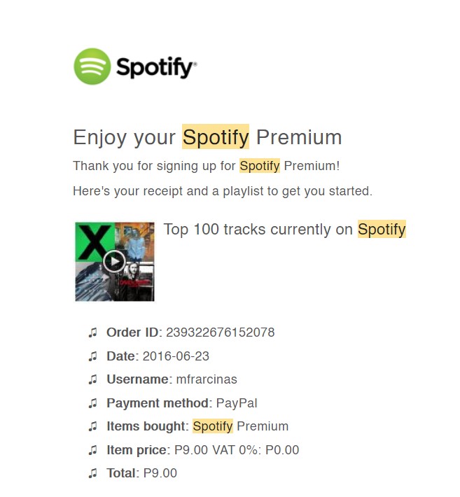 サインアップ後のSpotifyの電子メールの例