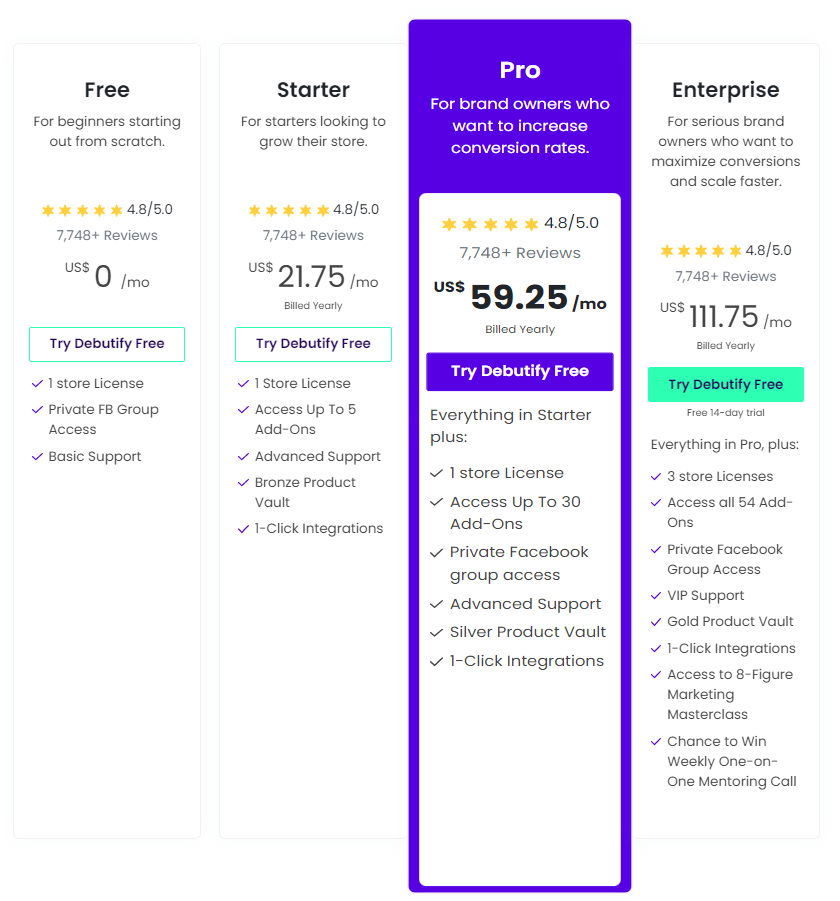 صفحة أسعار Debutify