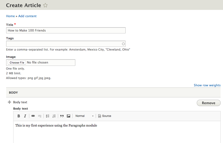 usando o módulo de parágrafos Drupal