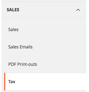 Menu de impostos sobre vendas Magento