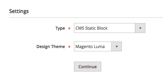 configurações do bloco magento