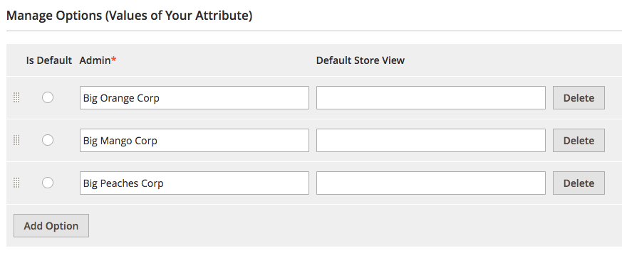 opções de atributo magento
