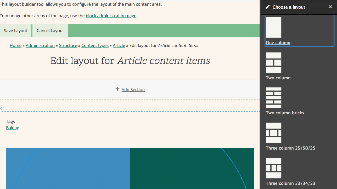 escolha um layout no Drupal 8.6