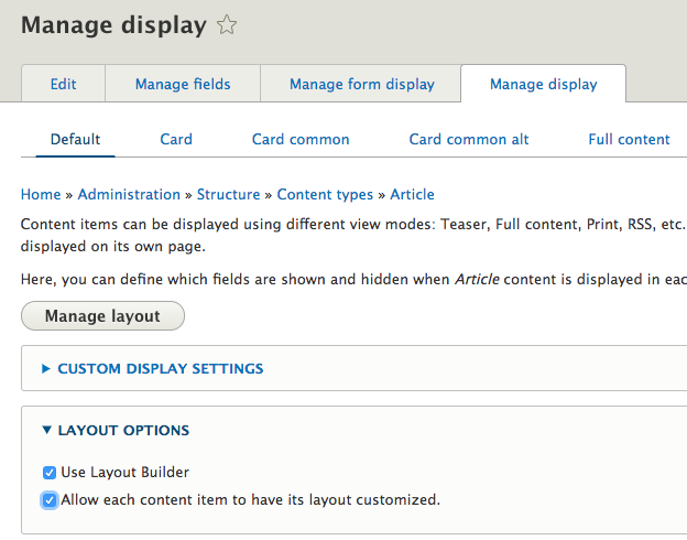 opções de layout do Drupal no Drupal 8.6