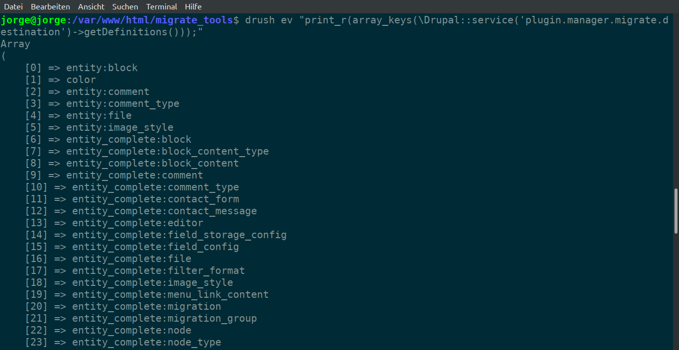 Aviso: o plugin csv está lá porque já ativamos o módulo Migrate Source CSV. Para ver uma lista de todos os plugins de processo, digite: drush ev "print_r(array_keys(\Drupal::service('plugin.manager.migrate.source')->getDefinitions()));" Essa lista é um pouco maior, lembre-se que você pode usar quantos plugins precisar na etapa do processo. Para ver uma lista de todos os plugins de destino, digite: drush ev "print_r(array_keys(\Drupal::service('plugin.manager.migrate.destination')->getDefinitions()));"
