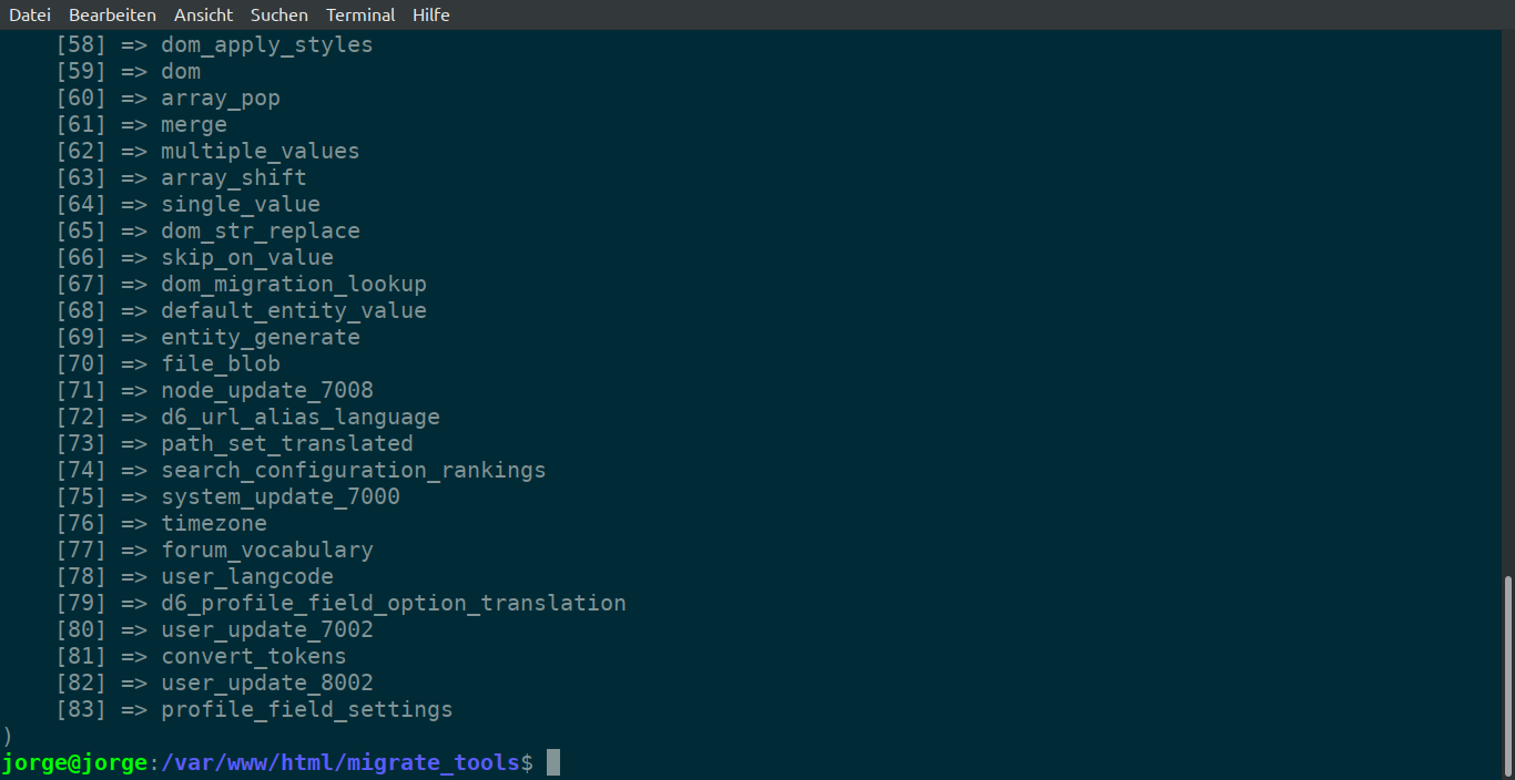 Aviso: o plugin csv está lá porque já ativamos o módulo Migrate Source CSV. Para ver uma lista de todos os plugins de processo, digite: drush ev "print_r(array_keys(\Drupal::service('plugin.manager.migrate.source')->getDefinitions()));" Essa lista é um pouco maior, lembre-se que você pode usar quantos plugins precisar na etapa do processo. Para ver uma lista de todos os plugins de destino, digite: drush ev "print_r(array_keys(\Drupal::service('plugin.manager.migrate.destination')->getDefinitions()));"