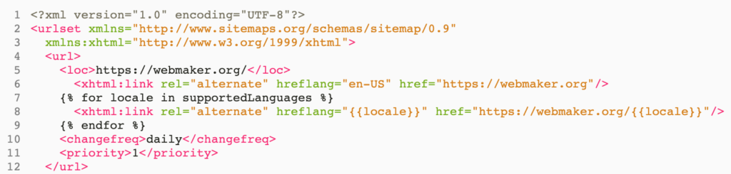 снимок экрана sitemap.xml со ссылками hreflang