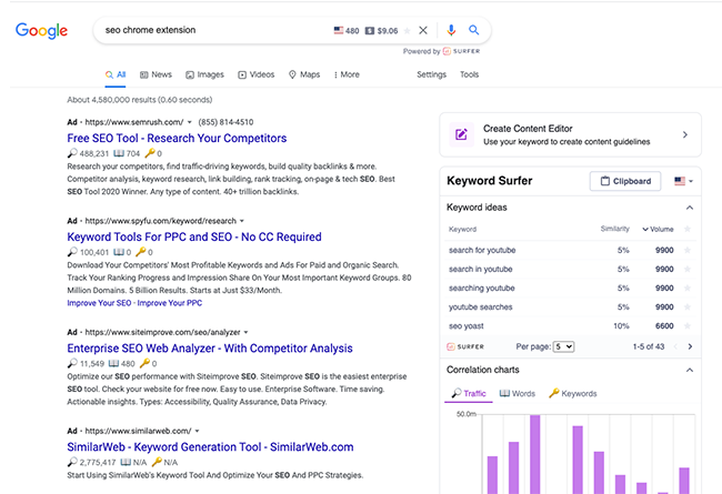 seo addons słowo kluczowe surfer