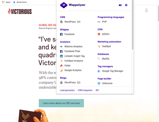 seo chrome rozszerzenie wappalyzer