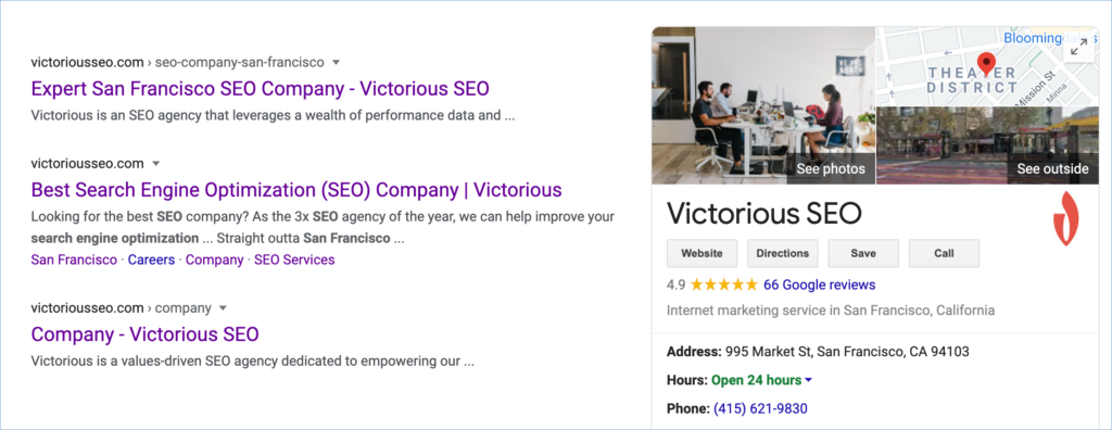 Captura de pantalla de información empresarial real en los resultados de búsqueda de Google