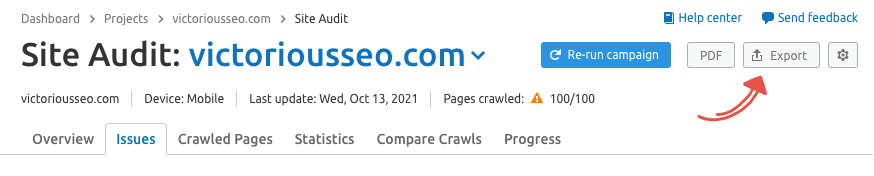 semrush에서 깨진 링크 보고서 내보내기