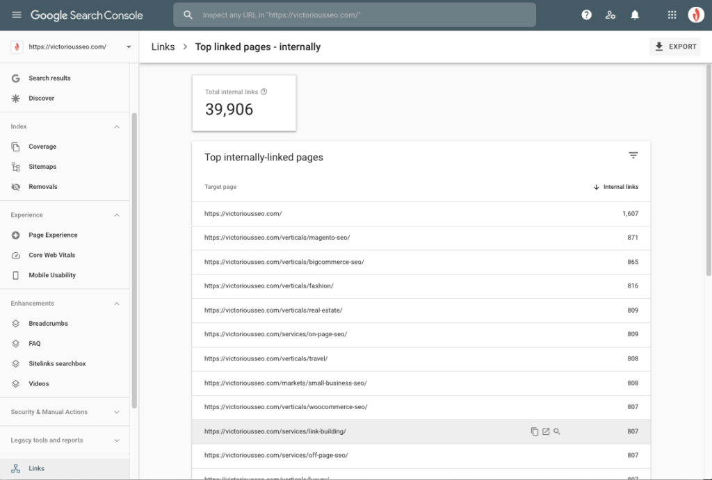 Screenshot des internen Verlinkungsberichts der Google-Suchkonsole